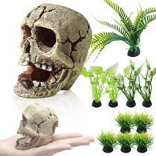 HITOP Resin Aquarium Ornament Mini Skull, With 10Pcs Small Plants